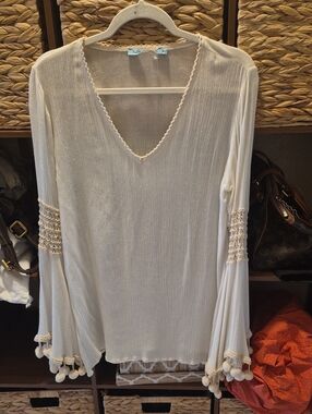 Boho Pom-Pom Bell Sleeve V-Neck Top - Cream